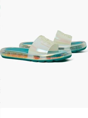 Tory Burch Teal Footbed Iridescent Slide Sandals